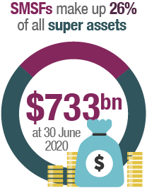 SMSFs make up 26% of all super assets and held $733 billion at 30 June 2020.