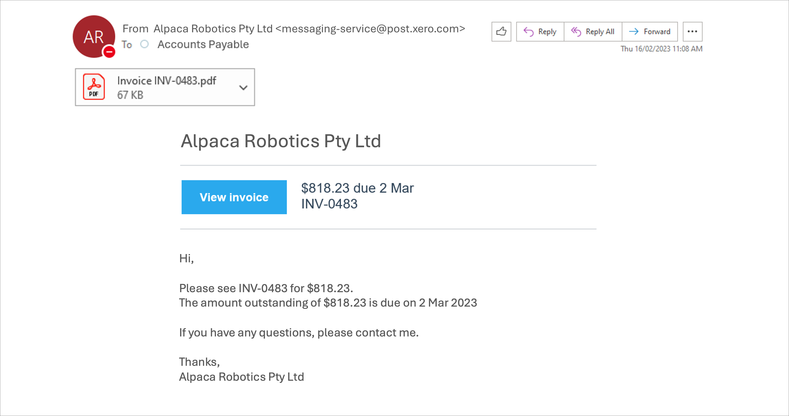 A screenshot displaying a common Xero invoice email, listing supplier details including Business Name, Invoice Number, Invoice Amount, Due Date, Email, and including a button reading "View Invoice", and a pdf version of the invoice attached to the email. The sender's email address is highlighted, reading "messaging-service@post.xero.com"