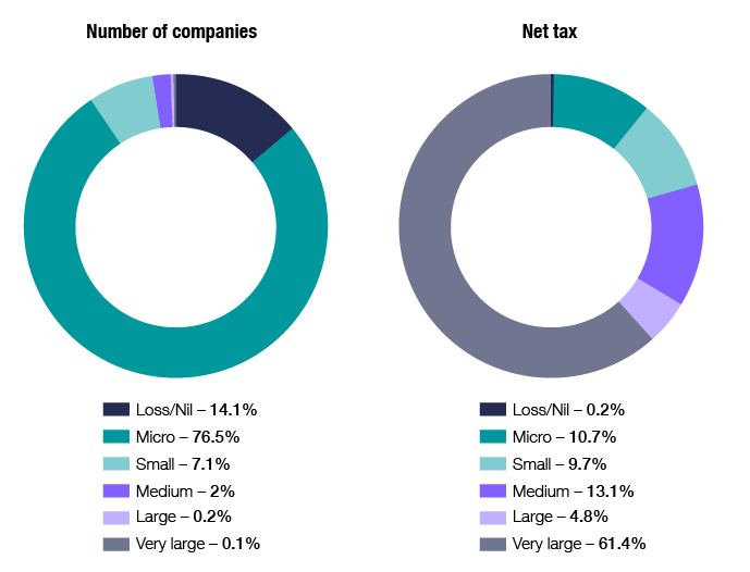 Chart 14 shows the distribution of companies and net tax, by company size, for the 2019–20 income year. The link below will take you to the data behind this chart as well as similar data back to the 2009–10 income year.