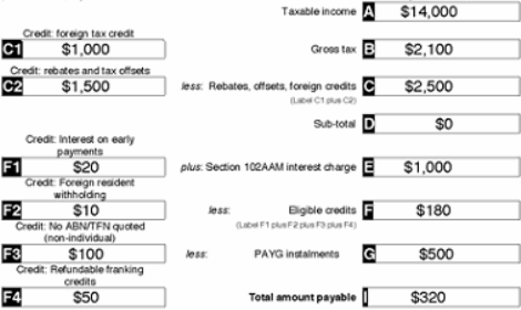 Credit foreign tax credit label C1: $1,000 Credit rebates and tax offsets label C2: $1,500 Credit interest on early payments label F1: $20 Credit foreign resident withholding label F2: $10 Credit no ABN/TFN quoted (non-individuals) label F3: $100 Credit refundable franking credits label F4: $50  Total amount refundable label  I $320