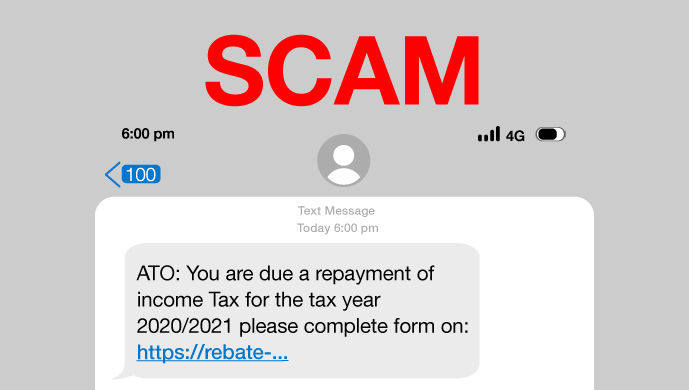 A scam SMS that says you are owed an income tax repayment, and asks you to click a hyperlink to complete a form