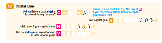 17 Capital gains G Did you have a capital gains tax event during the year? Yes A Net capital gain $203 H Total current year capital gains $303 V Net capital losses carried forward to later income years nil