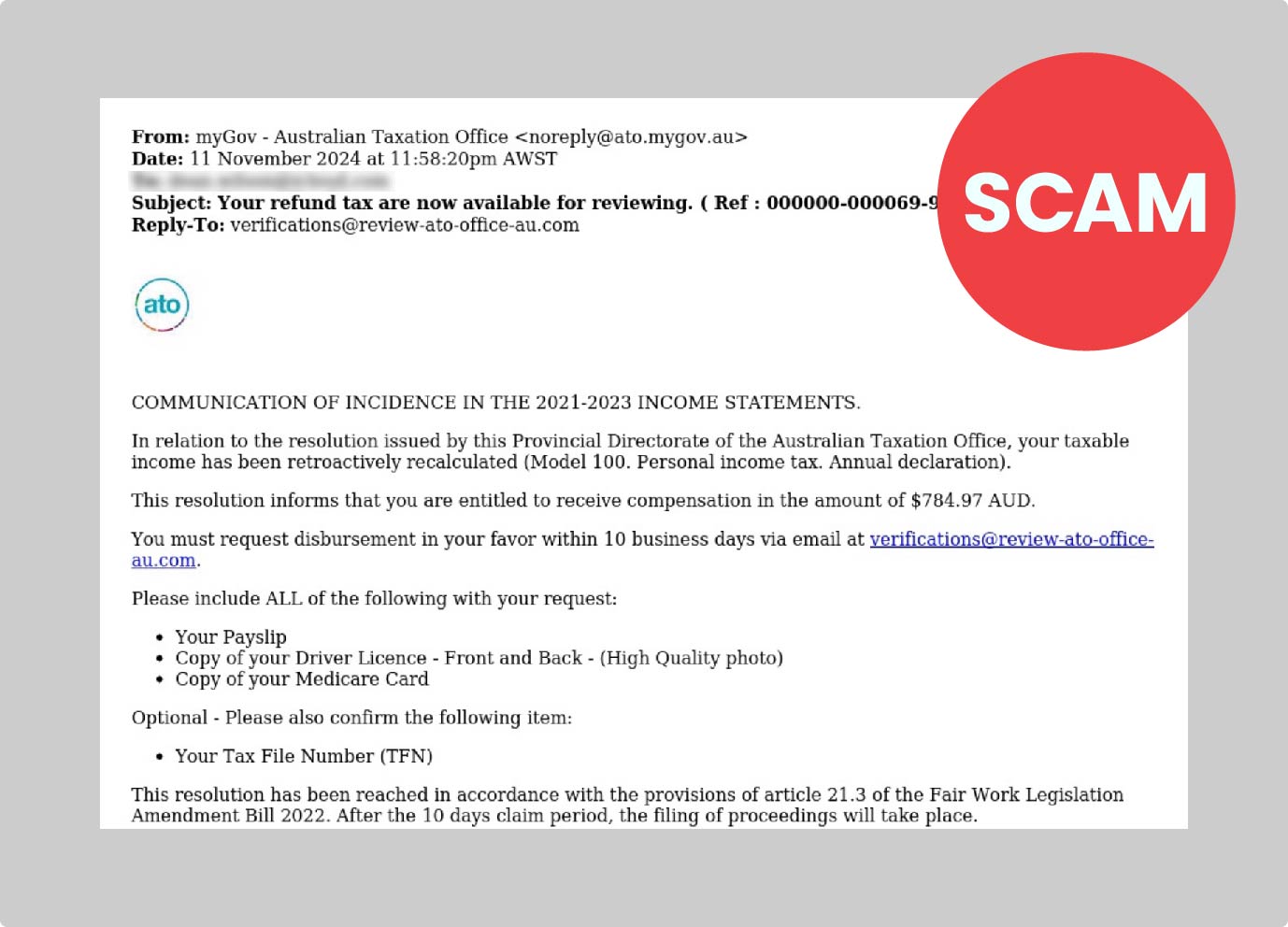 Screenshot of the format an ATO impersonation email scam can take.