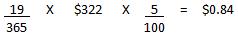 Divide 19 by 365 and multiply the result by $322. Take the answer and multiply it by 5 divided by 100. The end result is $0.84.