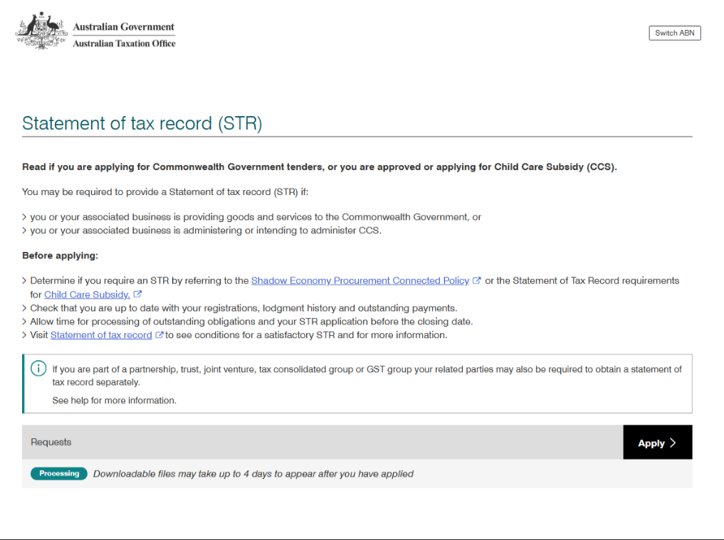 Screenshot of Statement of tax record.