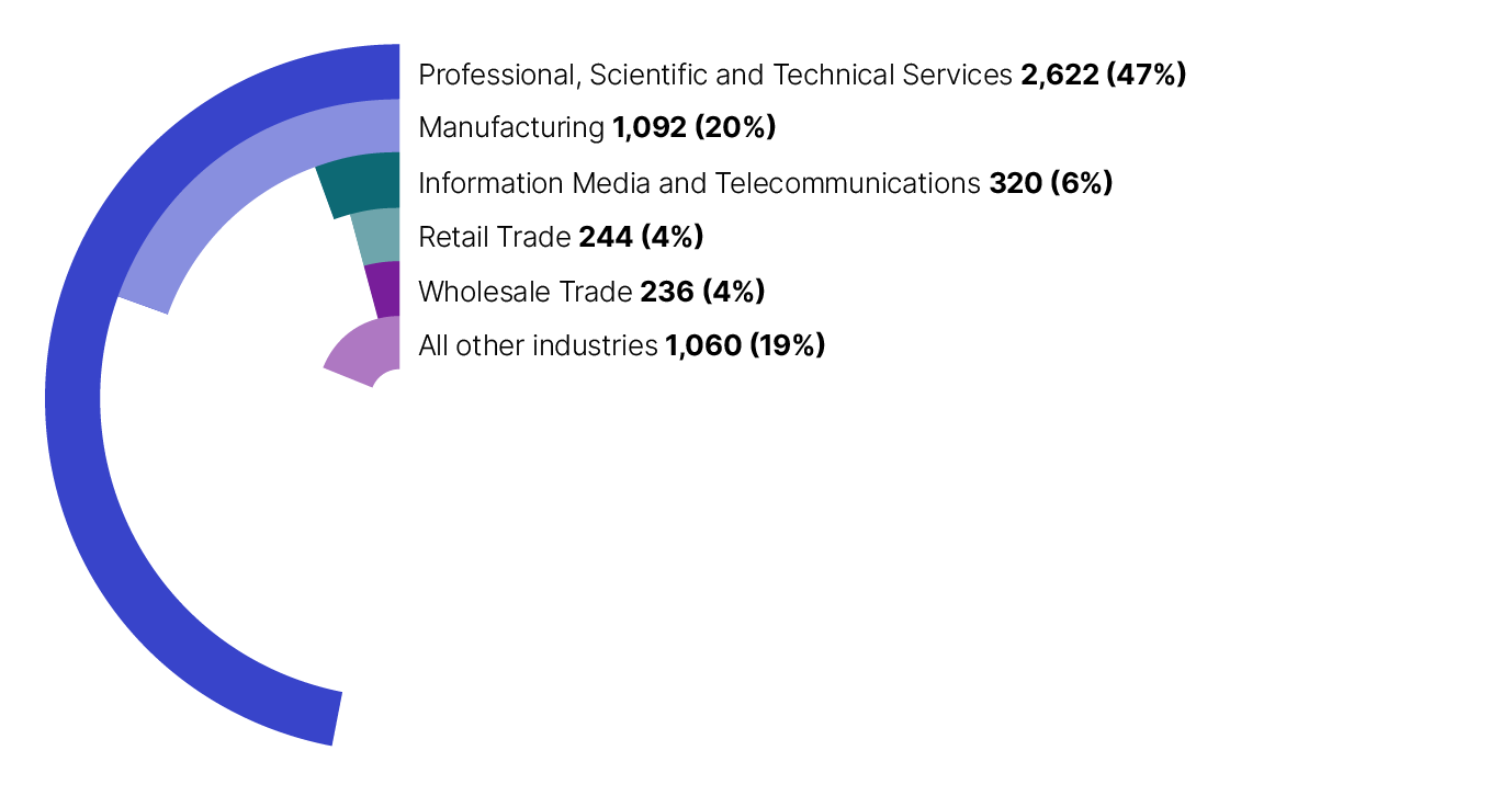 The Top 5 industries in small business: 47% (2,622) professional, scientific and technical services, 20% (1,092) manufacturing, 6% (320) information, media and telecommunications, 4% (244) retail trade and 4% (236) wholesale trade with all other industries making up approximately 19% (1,060) of the claimants.