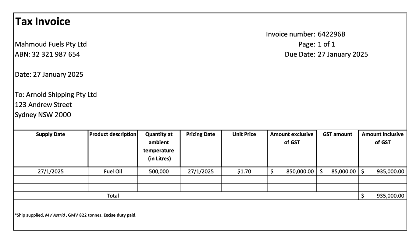 Mahmoud Fuels Pty Ltd ABN 32 321 987 654 Date 27 January 2025 to Arnold Shipping Pty Ltd, 123 Andrew Street, Sydney NSW 2000. Invoice number 642296B due date 27 January 2025. Supply date 27 January 2025, product description fuel oil, quantity at ambient temperature 500,000 litres, pricing date 27 January 2025, unit price $1.70, amount exclusive of GST $850,000, GST amount $85,000, amount inclusive of GST $935,000, Total $935,000. Ship supplied MV Astrid GMV 822 tonnes. Excise duty paid.