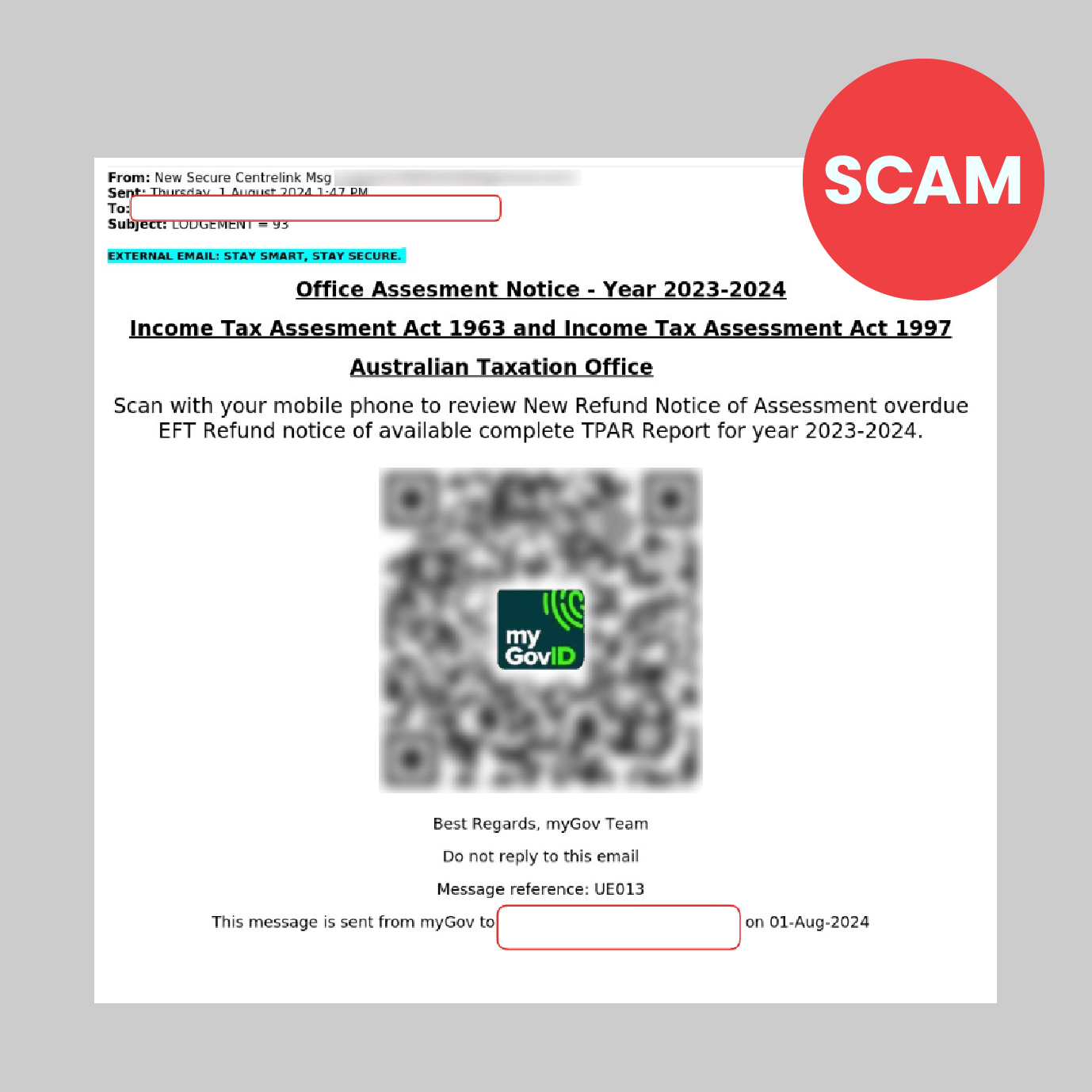 Screenshot example of a false Notice of Assessment QR code link with scam label 689x689px