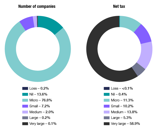 Chart 14 shows the distribution of companies and net tax, by company size, for the 2017–18 income year. The Snapshot table 5 link below will take you to the data behind this chart as well as similar data back to the 2009–10 income year.