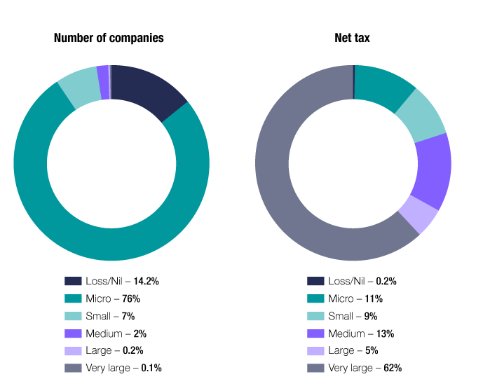 Chart 14 shows the distribution of companies and net tax, by company size, for the 2018–19 income year. The link below will take you to the data behind this chart as well as similar data back to the 2009–10 income year.