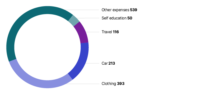 Figure 3 shows a breakdown of the types of work–related expenses adjustments and number of times they occurred: car with a value of 213, travel with a value of 116, clothing with a value of 393, self-education with a value of 50 and other with a value of 539.