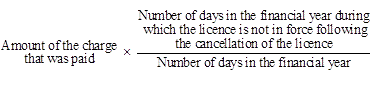 Formula for working out the amount of the refund if the warehouse licence charge was paid in full