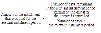 Formula for working out the amount of the refund if the warehouse licence charge was paid in instalments