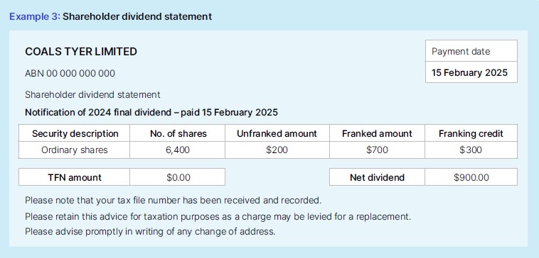 Example of a dividend statement for Coals Tyer Ltd, with the figures from Example 2